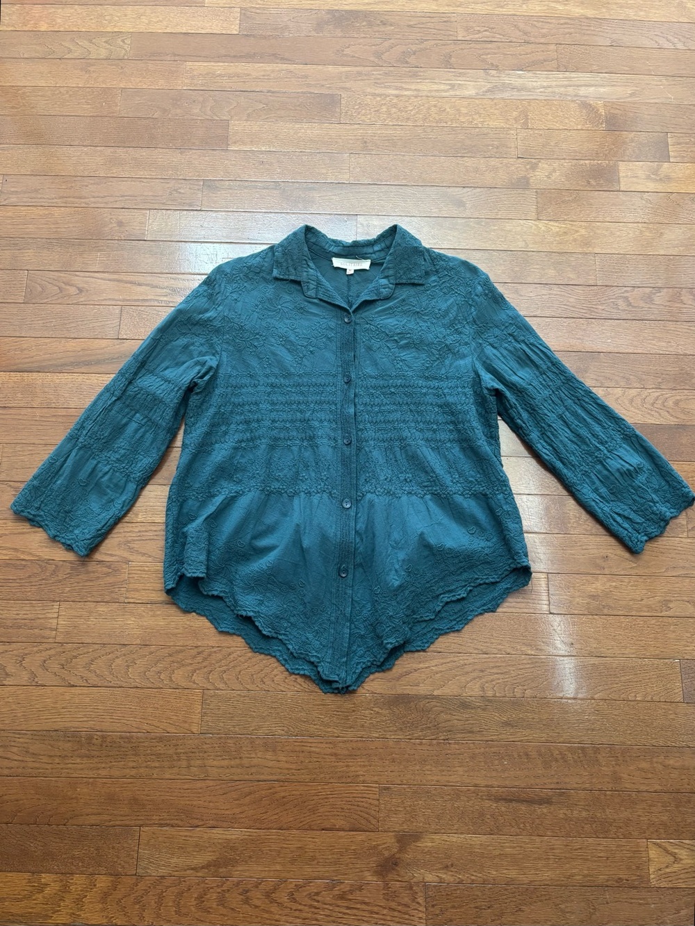 Solitaire Forest Green Embroidered Button Up Blouse with Scalloped Pointed Hem